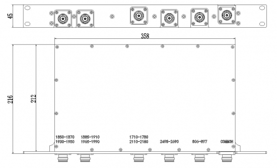 Low PIM 5-plexer, 850/1900 L/1900 H/AWS/2600MHz, 4.3-10 Female