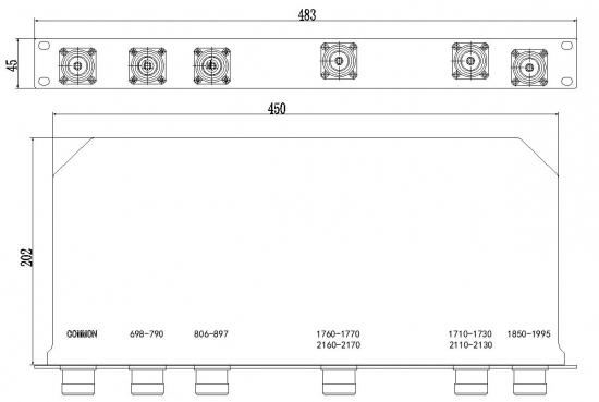 Low PIM 5-Plexer, 700Mz/850MHz/PCS/AWS1 A+B/AWS-3 GHI, DIN Female