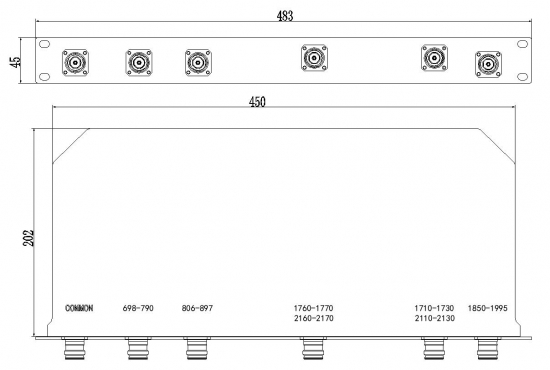 Low PIM 5-Plexer, 700Mz/850MHz/PCS/AWS1 A+B/AWS-3 GHI, 4.3-10 Female